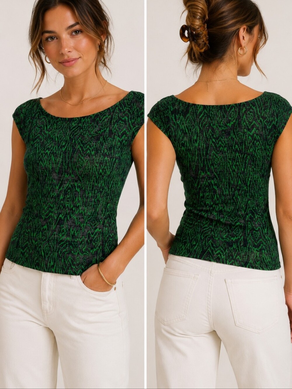 The Podolls Green & Black Abstract Print Cap Sleeve Top Small Made in USA